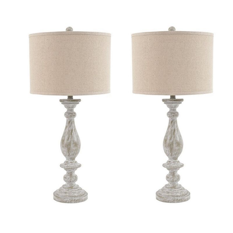 Drum Shade Table Lamp with Pedestal Base, Set of 2, Beige and Off White-Benzara