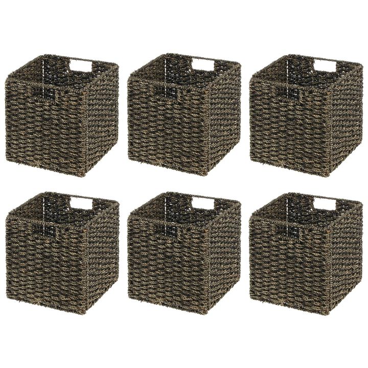 mDesign Seagrass Woven Cube Bin Basket Organizer, Handles, 4 Pack, Black Wash