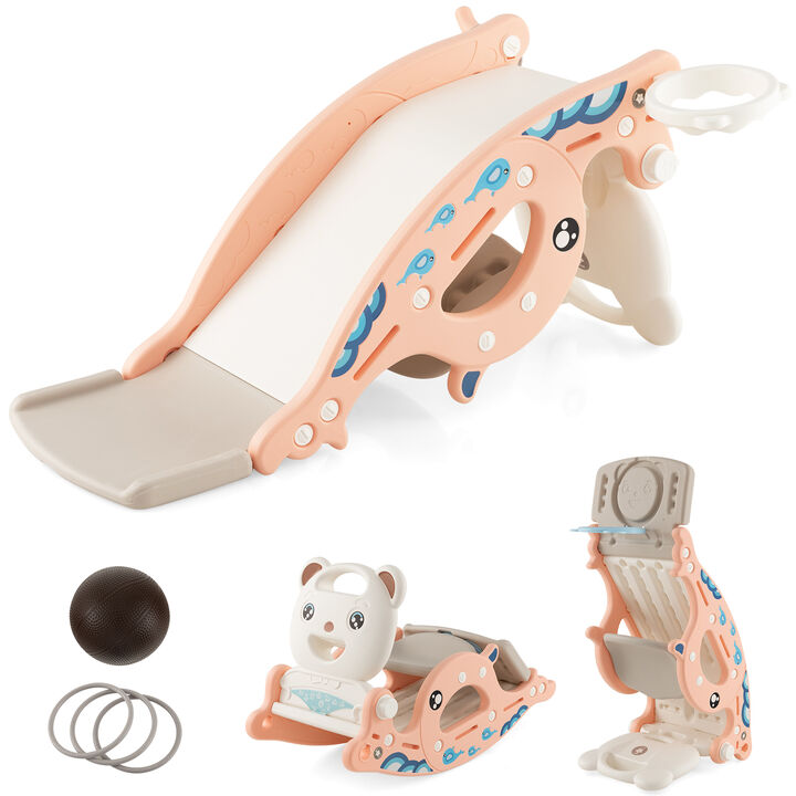 4-in-1 Kids Slide Rocking Horse with Basketball and Ring Toss