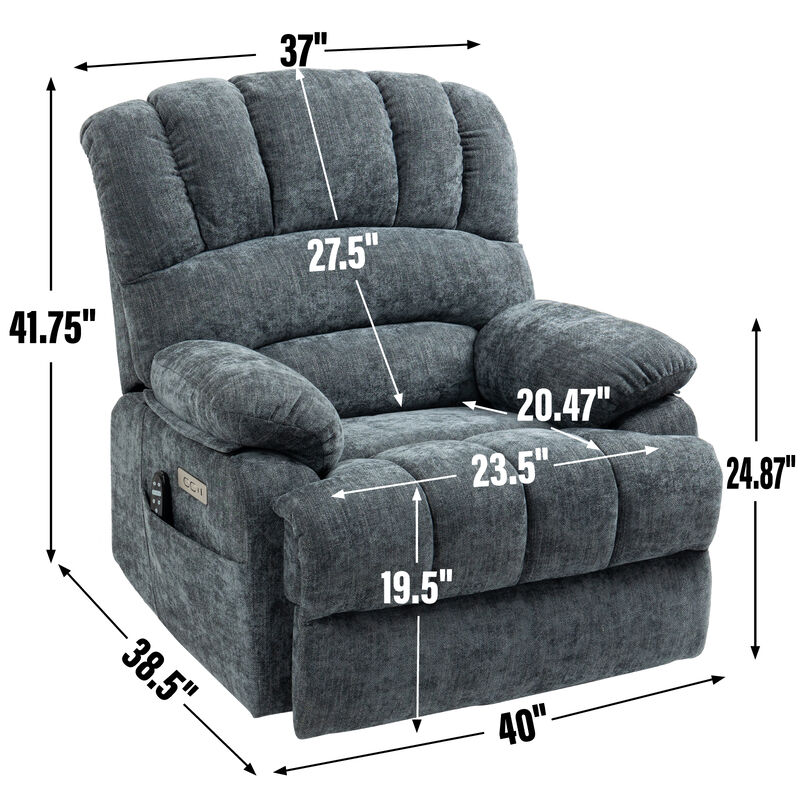 Power Lift Recliner Chair - High Back Large Size, 8-Point Massage & Heating, Blue Grey Chenille Fabric