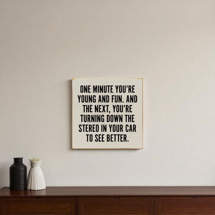 Funny Aging Quote Wood Sign One Minute You're Young and Fun Rustic Home Wall Decor