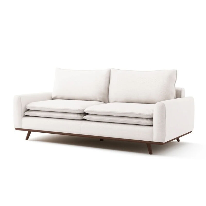 Yaana Sofa with Feather Blend Pillows, Dark Brown Wood, White 83 Inch - Benzara