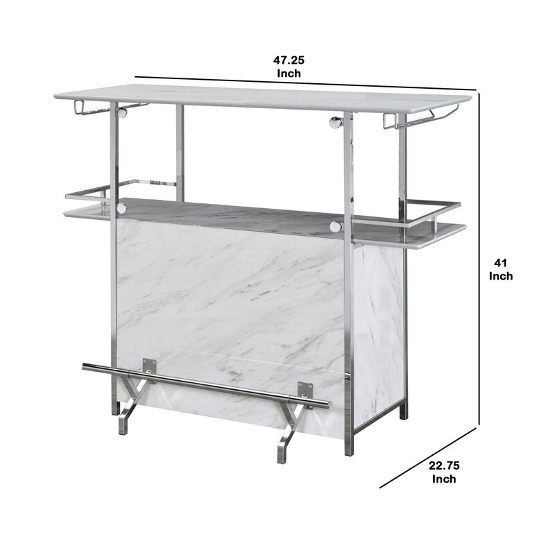 Bar Table with Faux Marble and Chrome Finish, White and Silver-Benzara