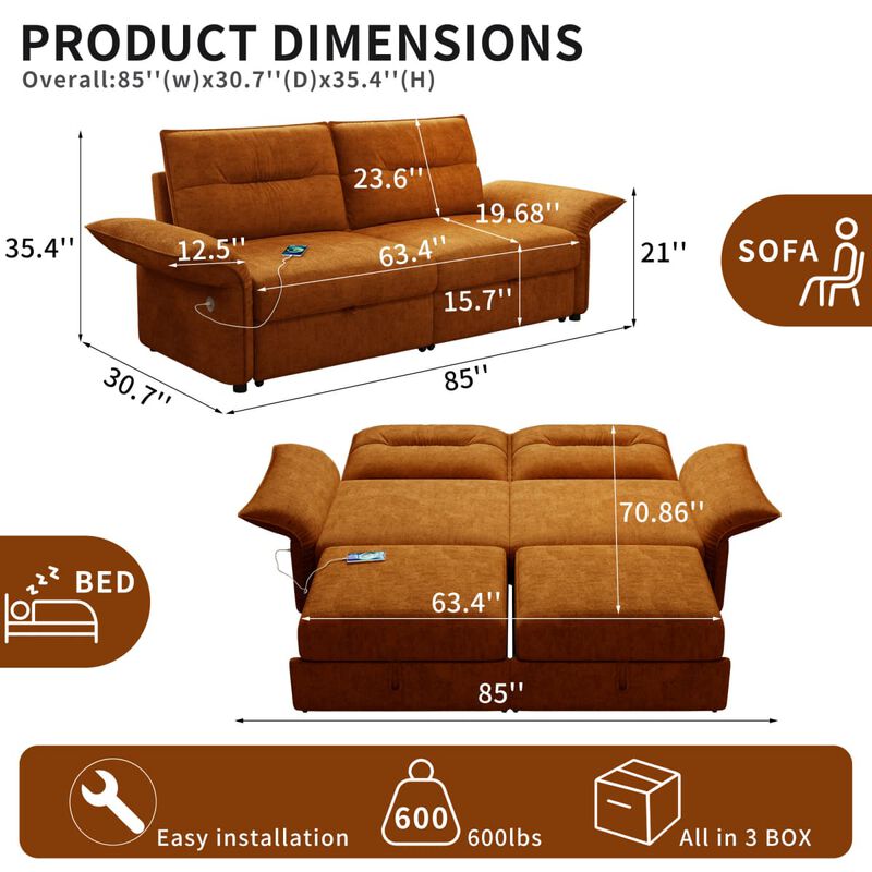 Convertible sleeper sofa bed, Plush fabric pull out futon with USB charging ports, 85 inch sofa bed for small spaces image number 2