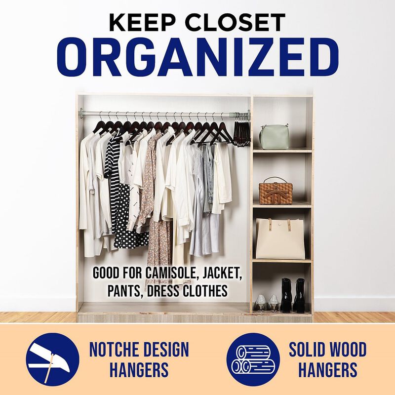 Wooden Clothes Hangers &ndash; with 360 Degree Swivel Hook and Non-Slip Shoulder Notch, Holds Up to 10 lbs, Pants Bar Design, for Organizing Suit, Dress, Coat, and Clothes, Pack of 10, Cherry