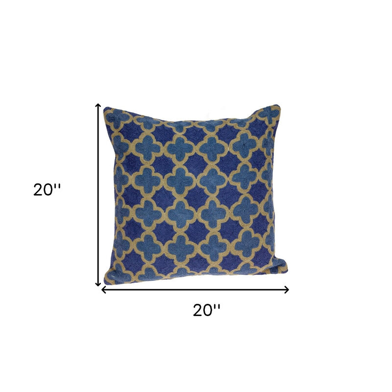 HomeRoots 20" Blue and Brown Quatrefoil Wool Throw Pillow With Embroidery image number 4