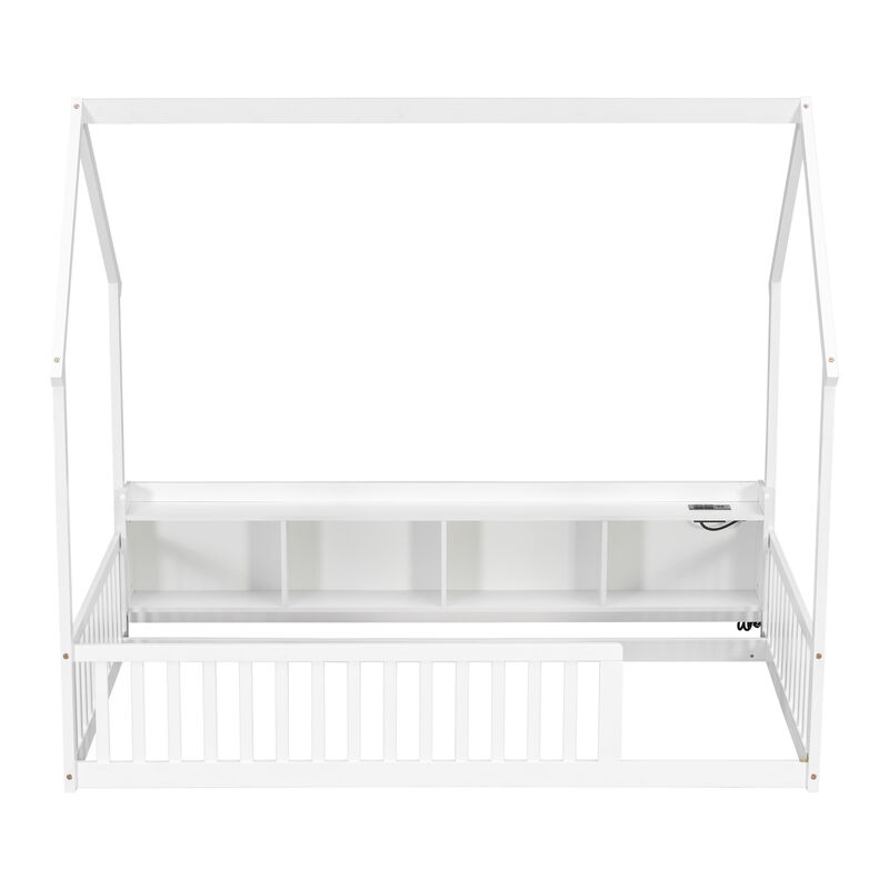 Whisen Twin Size House Floor Bed with Storage Shelves, LED Lights & Charging Station, Pine Wood Kids Platform Bed with Guardrails image number 0