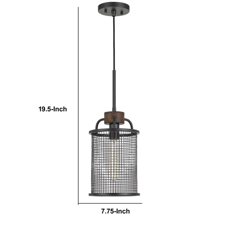 Cylindrical Grid Design Metal Chandelier with Wooden Accent, Black - Benzara