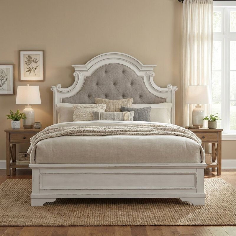Antique White Upholstered Panel Headboard, Chenille Fabric, Solid Wood image number 2