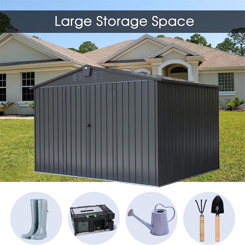 CLIHOME 10x8Ft Outdoor Metal Storage Shed,Patio Galvanized Steel Outdoor Storage Cabinet with Lock image number 4