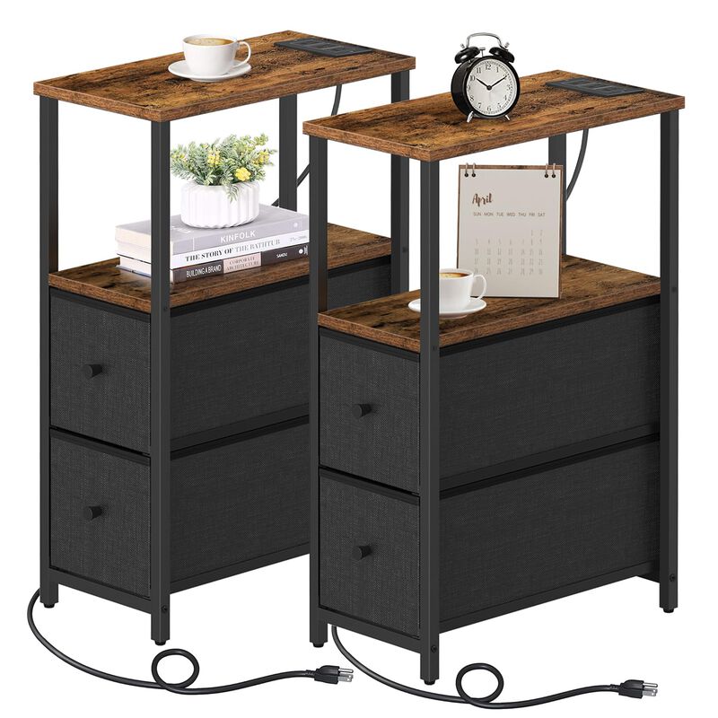 TUTOTAK Small Narrow End Table with Charging Station, Set of 2, Side Table with Outlets, Nightstand with 2 Cloth Drawers, Couch