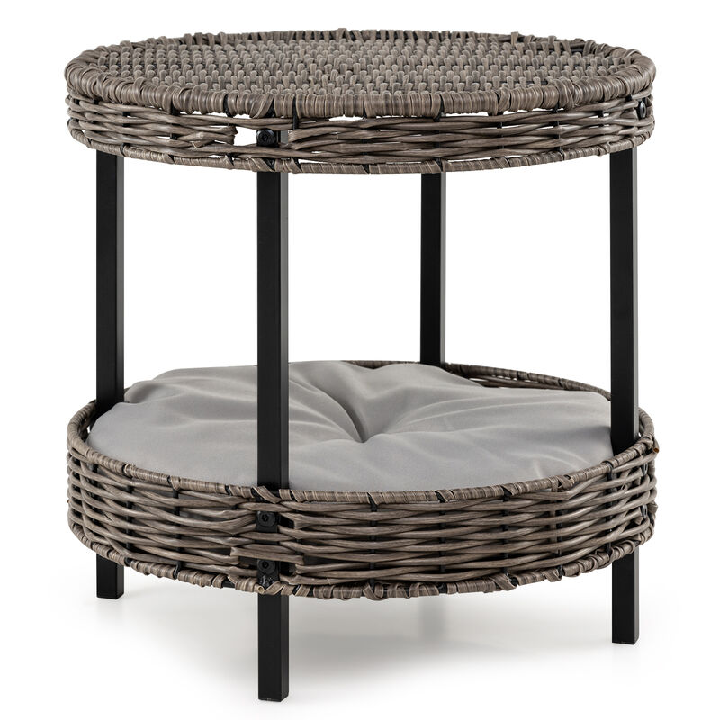 Rattan 2-Tier Cat Nest with Removable Padded Cushion for Home-Grey image number 0