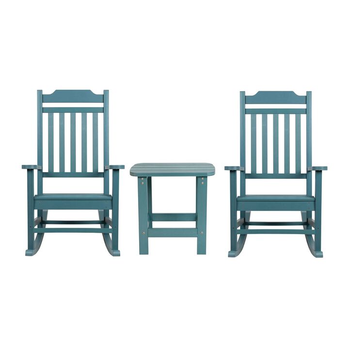 Flash Furniture Winston Set of 2 Rocking Chairs with Side Table - Teal Poly Resin - Weather Resistant