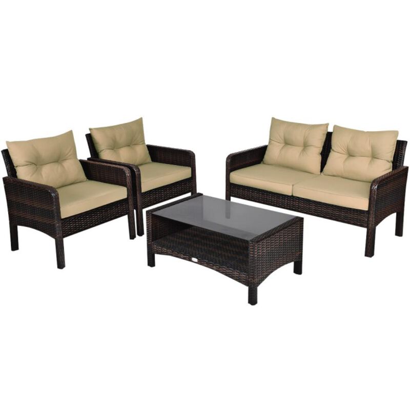 Hivvago 4 Pieces Patio Rattan Sofa Set Free-Combination with Cushion and Coffee Table