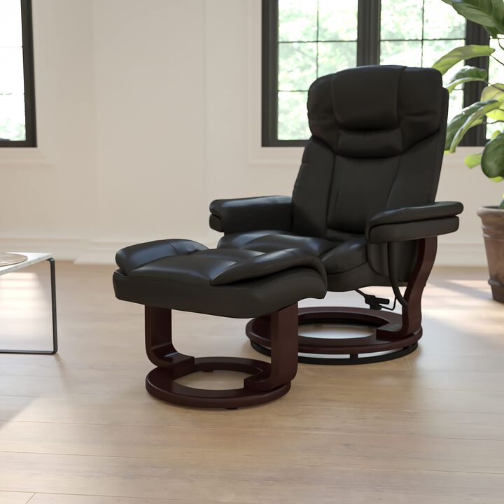 Flash Furniture Allie Contemporary Multi-Position Recliner and Curved Ottoman with Swivel Mahogany Wood Base in Black LeatherSoft