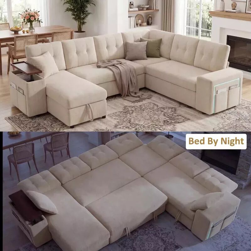 Vipbear 112" U-Shaped 7-Seat Modular Chenille Sectional Sleeper Sofa, Pull Out Bed Reclining Couch image number 6