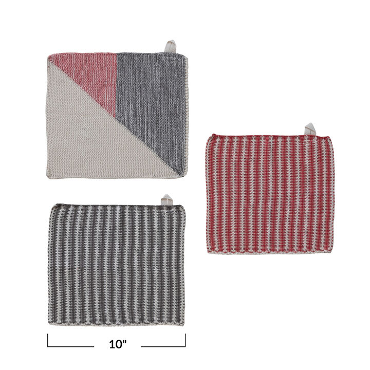 3-Piece Cotton Knit Dish Cloths with Pattern, Red, White and Grey