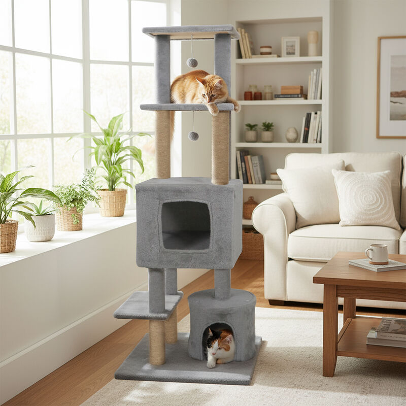 64" Cat Tree Tower with Two Large Condos and Jute Scratching Posts image number 1