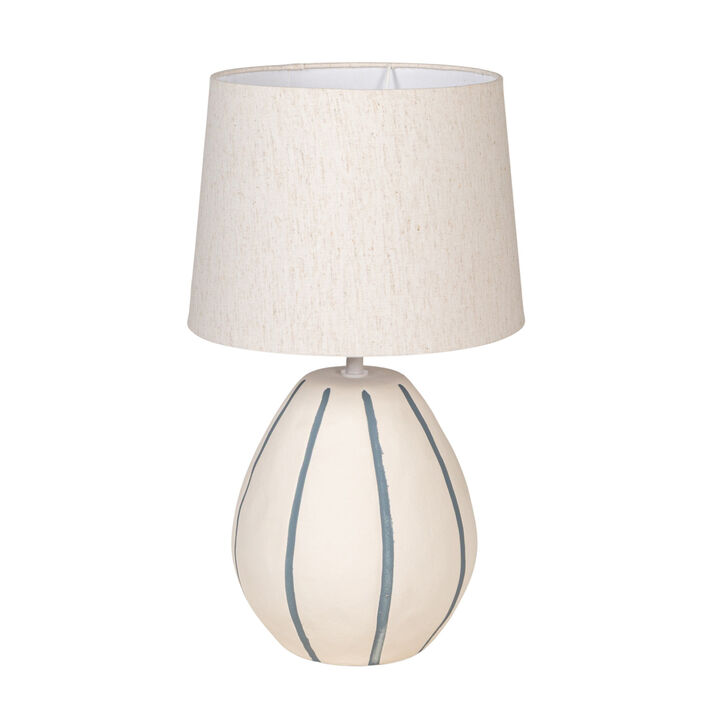 Stoneware Table Lamp with Hand-Painted Blue Stripes and Linen Shade