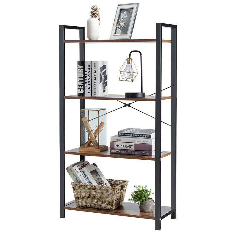 4-Tier Rustic Bookshelf Industrial Bookcase Diaplay Shelf Storage Rack-Brown