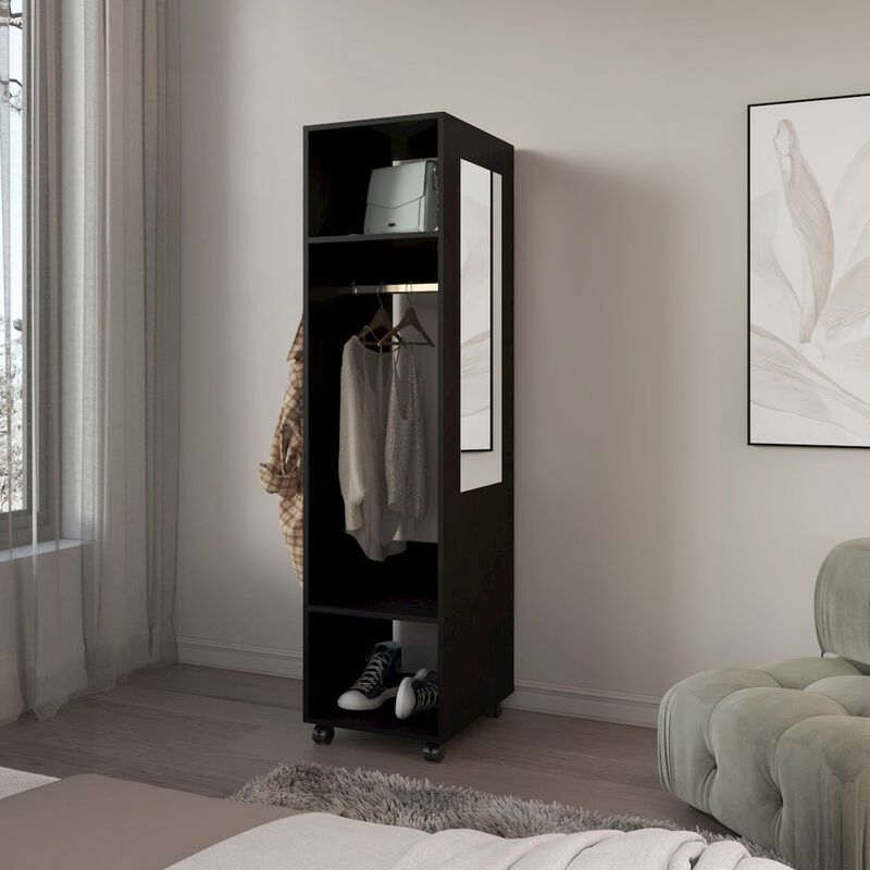 Cordova Armoire with 3 Shelves, 1 Mirror, and 4 Wheels, Black