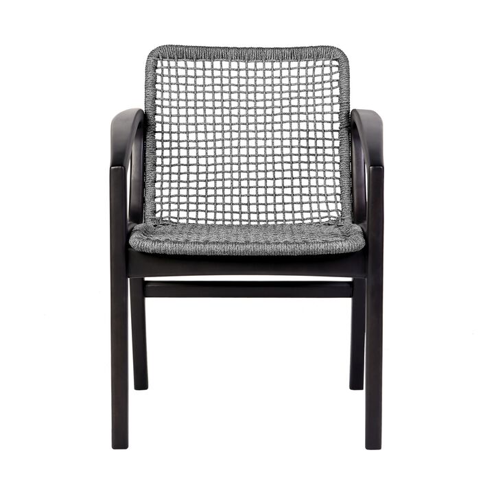 Tira 25 Inch Outdoor Patio Dining Chair, Black Eucalyptus Frame, Woven Rope - Benzara