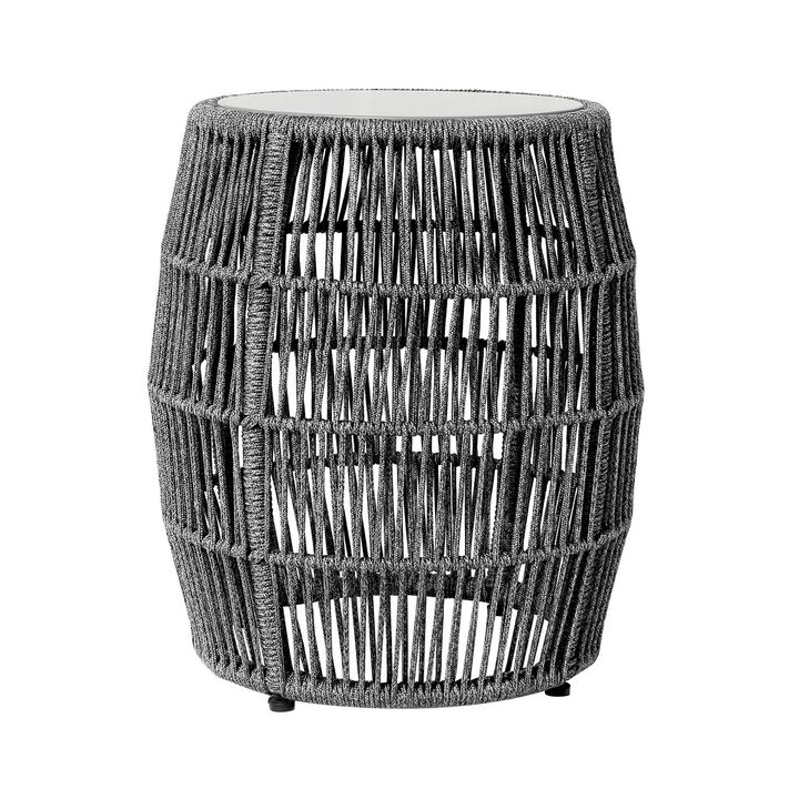 Gip 22 Inch Indoor Outdoor End Table Stool, Gray Round Stone Top, Woven Rope-Benzara