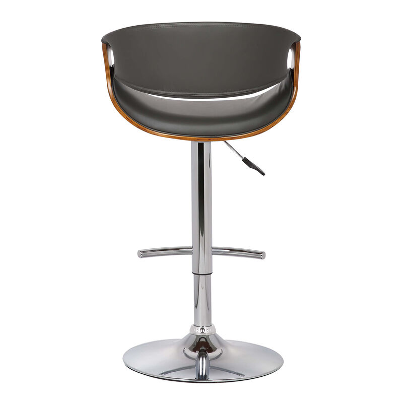 Butterfly Adjustable Height Swivel Grey Faux Leather and Walnut Wood Stool with Chrome Base