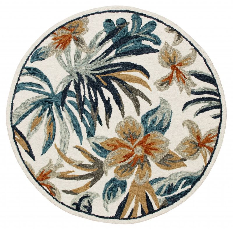 6 Round Blue and White Tropical Area Rug