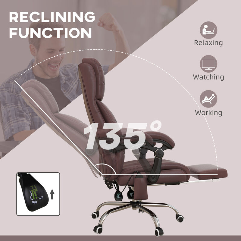 Vinsetto Executive Massage Office Chair with 4 Vibration, Computer Desk Chair, PU Leather Heated Reclining Chair with Adjustable Height, Swivel Wheels, Brown