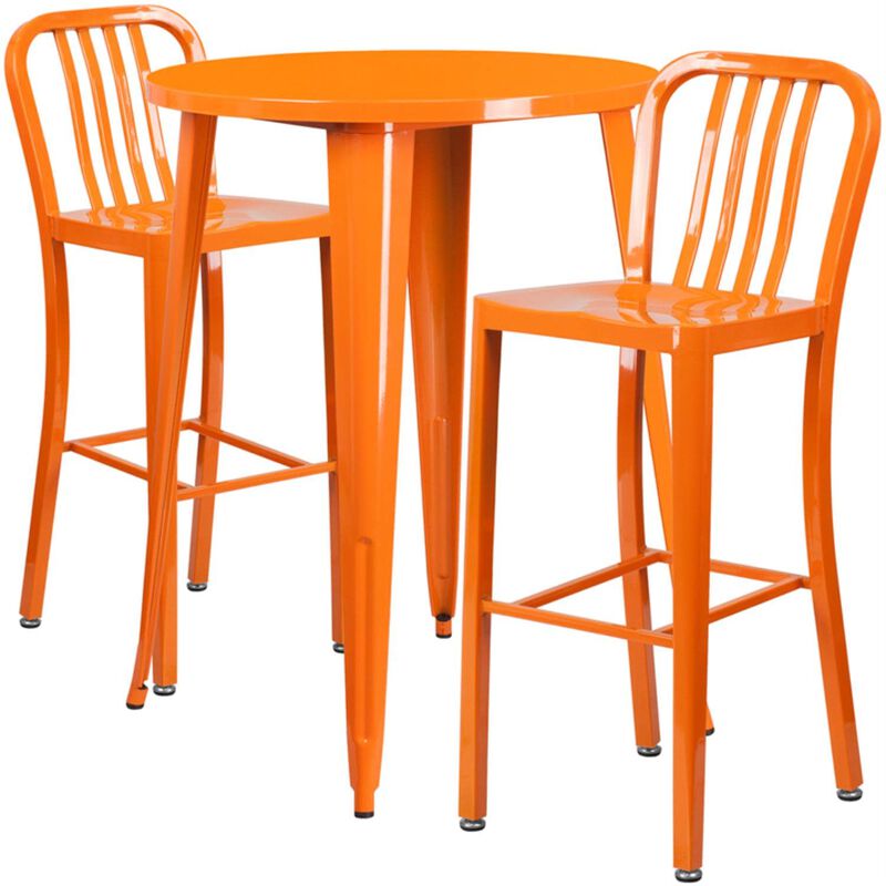 Flash Furniture Commercial Grade 30" Round Orange Metal Indoor-Outdoor Bar Table Set with 2 Vertical Slat Back Stools