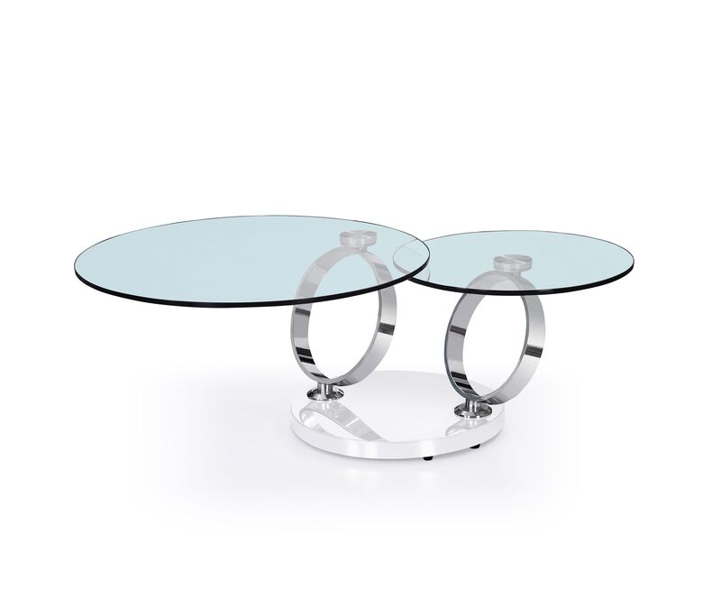 Motion coffee table with clear glass  top and white base