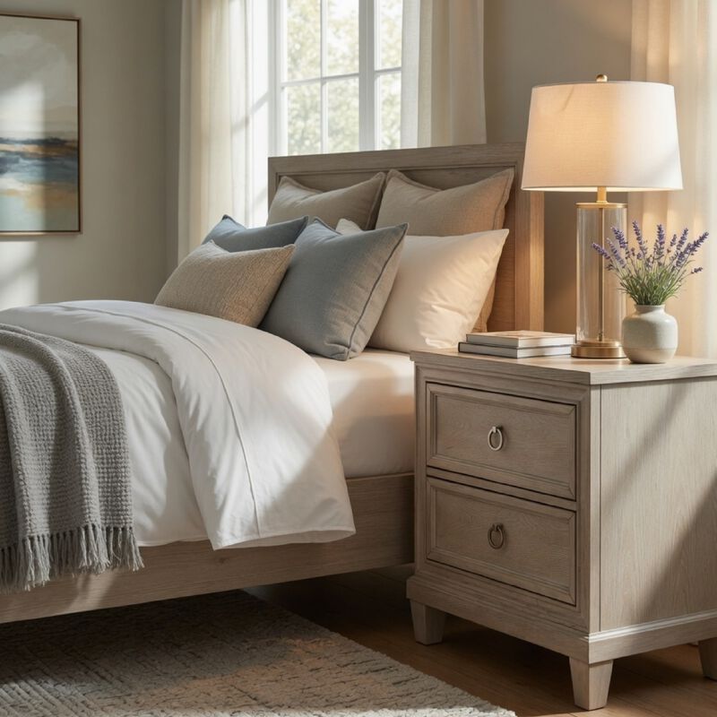 Kylie Nightstand with 2 Drawers, Tapered Legs, Washed Oak Wood 27 Inch image number 8