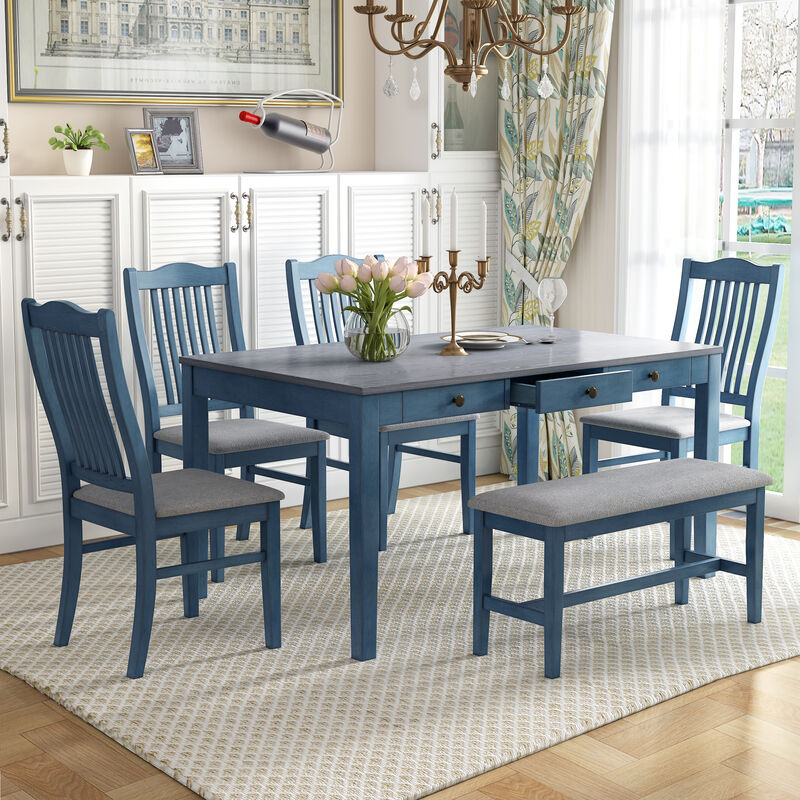 Mid-Century 6-Piece Wood Dining Table Set, Kitchen Table Set with Drawer, Upholstered Chairs and Bench, Antique Blue image number 2