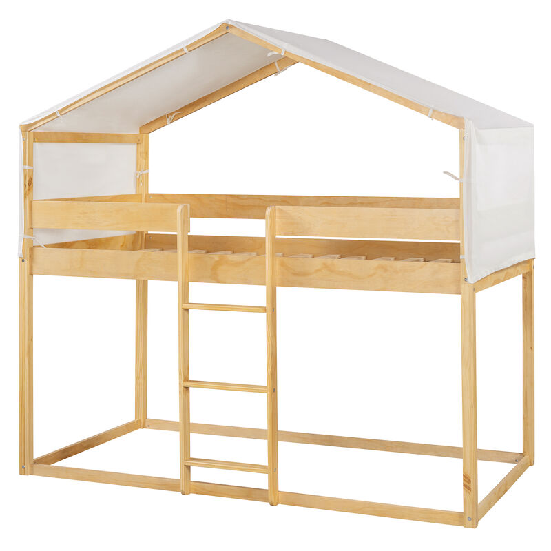 Whisen Twin Over Twin Wood Bunk Bed with Tent, Solid Wood House Design Lounge Bed with Semi-Enclosed Play Space for Kids Bedroom image number 6
