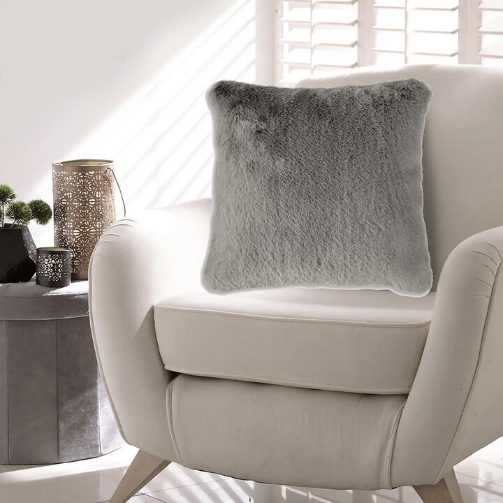 Difi Throw Pillow Set of 4, 20 Inch, Faux Rabbit Fur Face, Gray Polyester - Benzara
