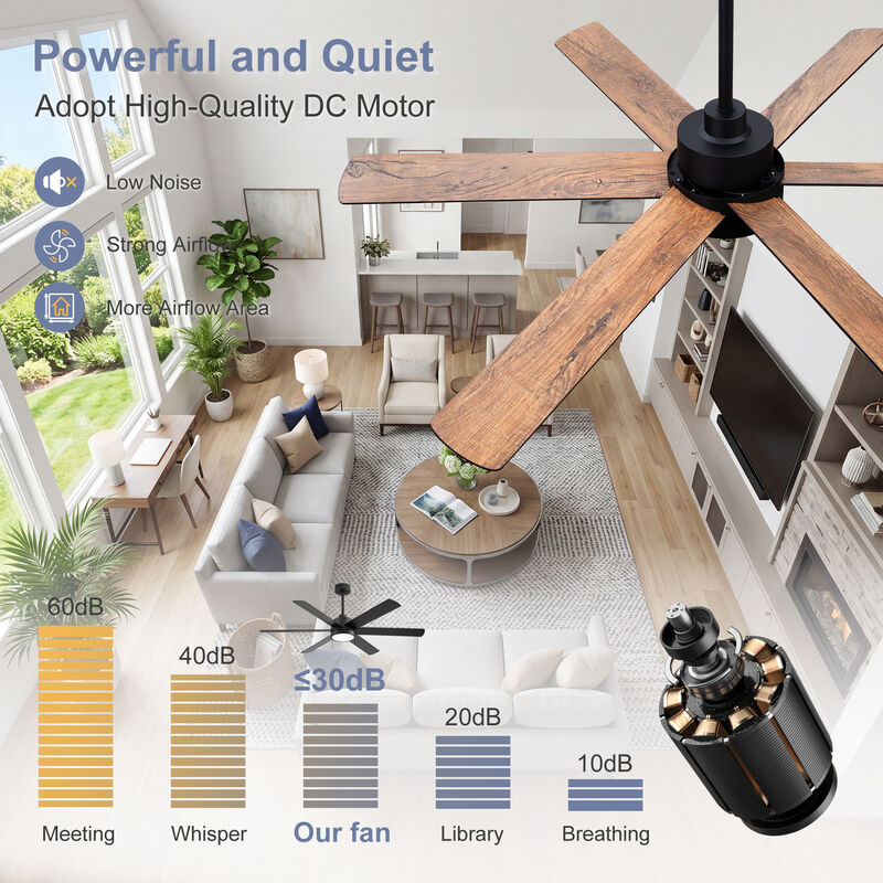 Breezary 60 in LED Ceiling Fan with Light and Remote, 6 Blade DC Motor Fan, Reversible Quiet Fan with Timer image number 5