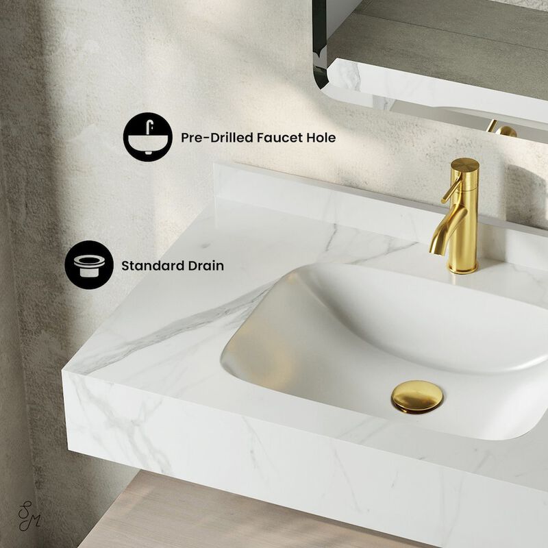 Avancer 36" Wall-Mounted Bathroom Vanity in White Oak with White Marble Sink Top image number 2