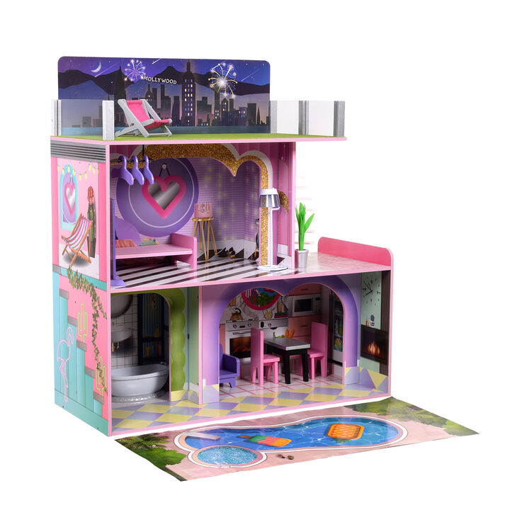 Teamson Kids Dreamland Sunset Wooden Doll House with 3 Levels, Kitchen, Living Area, Bedroom, Bathroom and 16 Accessories