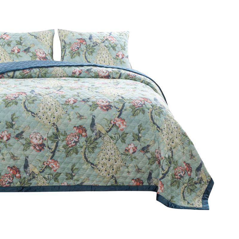 Eden 3 Piece King Quilt Set, Peacock Print, Green Microfiber - Benzara