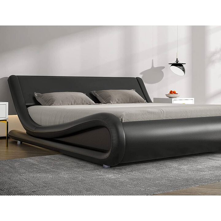QuikFurn Queen Modern Black Faux Leather Upholstered Platform Bed Frame with Headboard