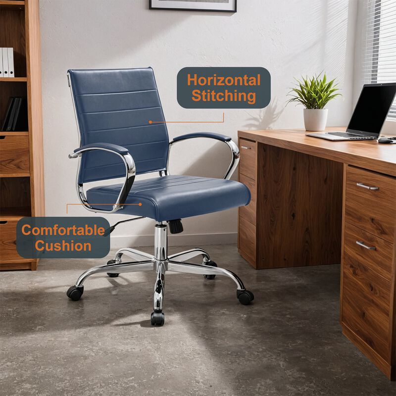 LeisureMod Benmar Mid-Back Office Chair, Leather Upholstery with Swivel, Tilt, and Chrome Base, Modern Desk Seating for Home Office or Conference Room