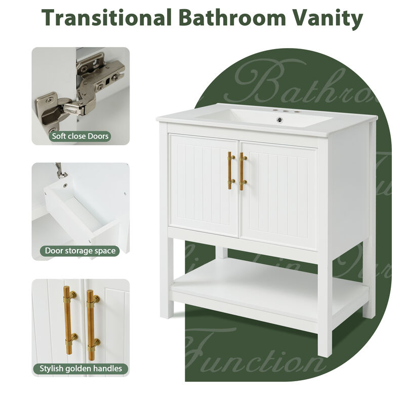 Whisen 30" Bathroom Storage Cabinet Bathroom Vanity with Ceramic Sink, Soft Close Doors and Open Shelf