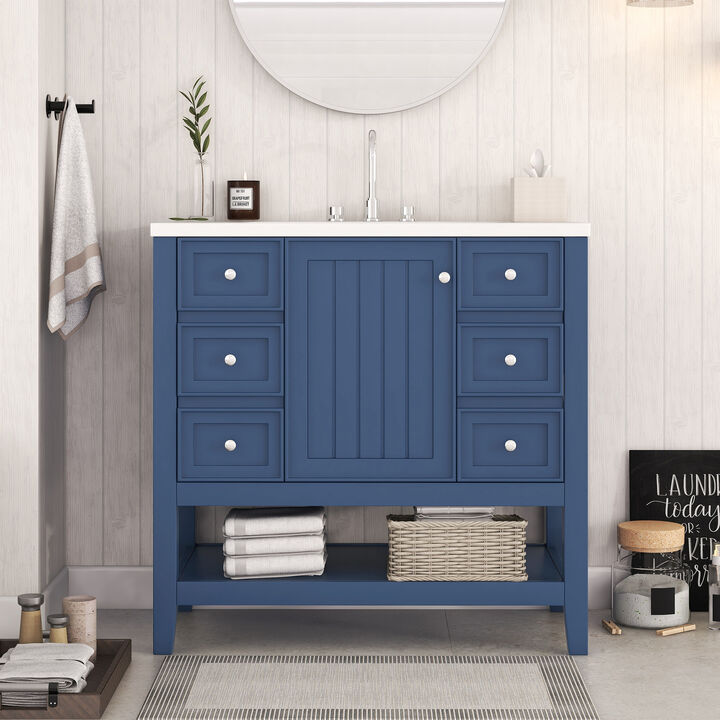 Whisen 36" Bathroom Storage Cabinet Bathroom Vanity with Ceramic Sink, One Cabinet and 3 Drawers