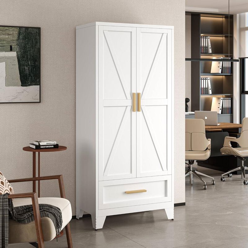 2-Door Wardrobe Armoire Cabinet with Storage Drawer and Hanging Rod