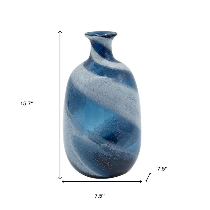 HomeRoots 16" Blue And White Striped Swirl Art Glass Table Vase image number 3