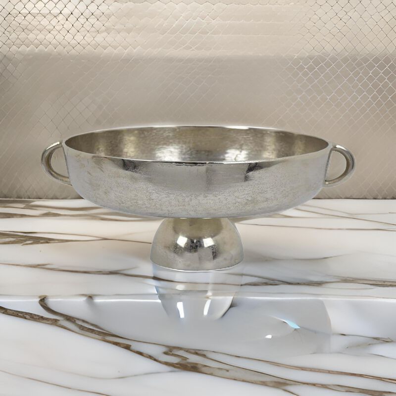 16 Inch Tabletop Decorative Bowl with a Pedestal Footed Base, Silver - Benzara