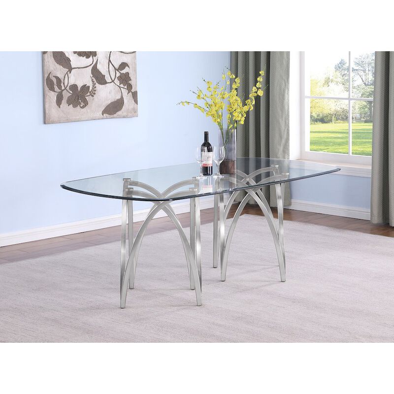 Best Quality Furniture Small Clear Tempered Glass Dining Table Brushed Silver Matte Chrome-Plated Base