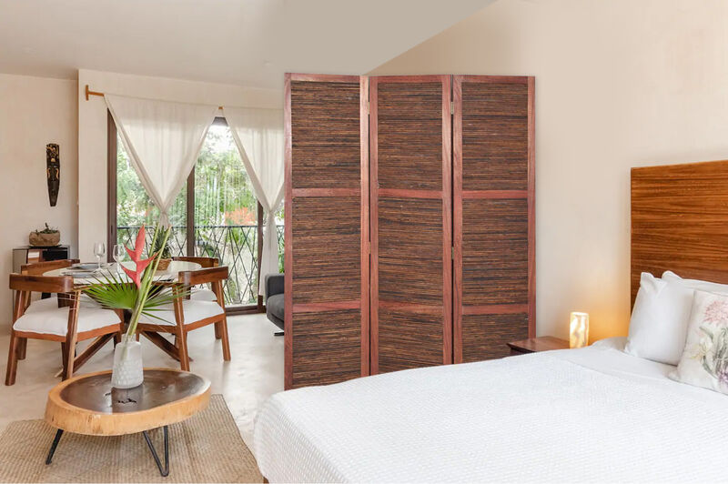 Wooden 3 Panel Room Divider with Horizontal Bamboo Stripes, Dark Brown-Benzara