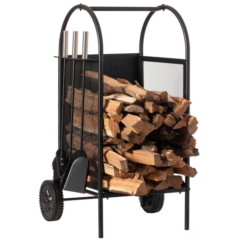 Indoor and Outdoor Patio Iron Firewood Log Cart with Wheels and Fireplace Tool Set, Black